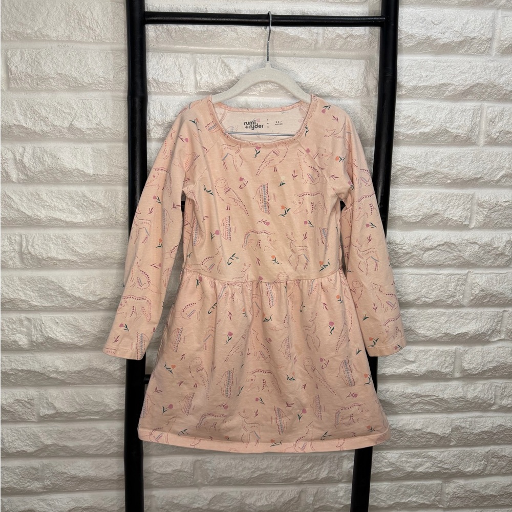 Rumi + Ryder Light Pink Long-Sleeve Unicorn Print Dress for Girls